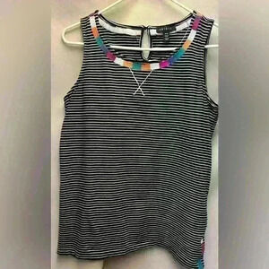 Tribal Black & White Striped Top With Colorful Embroidered Trims Size Medium
